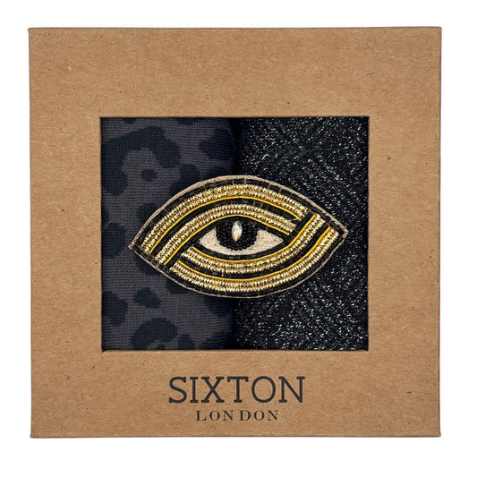 Charcoal Leopard & Paris Sock Box Duo with Linear Eye Brooch